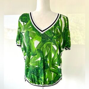 SI-IAE Banana Leaf Tropical Green V-Neck Women's Sweater with Black & White